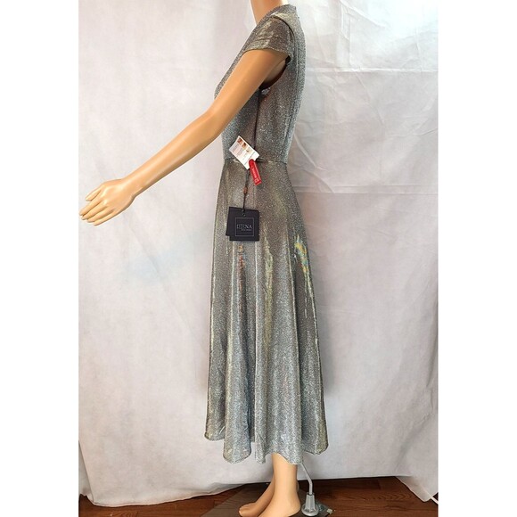 New Mac Duggal 26151 Women's (2) Silver Metallic Cap Sleeve Tea-Length Dress - Picture 5 of 16